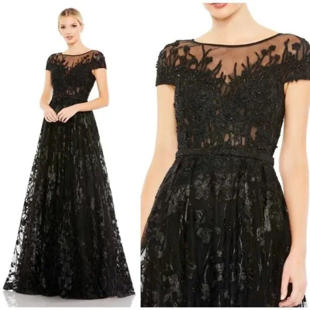 $798 Mac Duggal 20405 Size 8 Black Floral Embroidery Formal‎ Gown Ballgown Dress